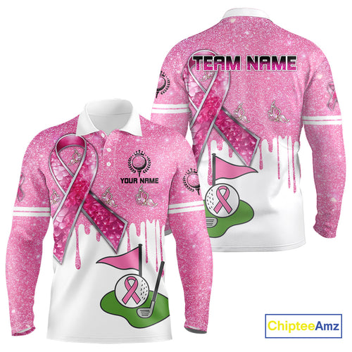 Pink ribbon glitter Golf Polo Shirts For Men Custom team golf jerseys, breast cancer golf shirts NQS9882