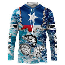 Load image into Gallery viewer, Texas Flag Redfish, trout, flounder blue wave camo custom name performance long sleeve fishing shirts NQS5440