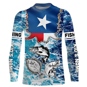 Texas Flag Redfish, trout, flounder blue wave camo custom name performance long sleeve fishing shirts NQS5440