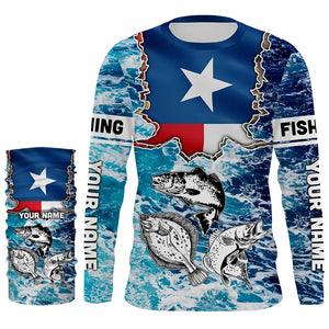 Texas Flag Redfish, trout, flounder blue wave camo custom name performance long sleeve fishing shirts NQS5440