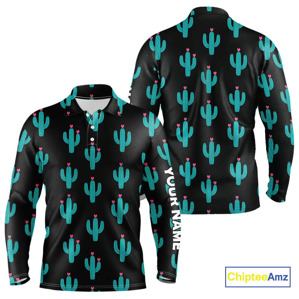 Personalized black and green cactus flower pattern mens golf polo shirts custom cactus golf shirts NQS9942