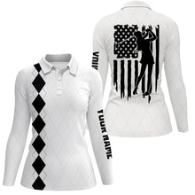 Load image into Gallery viewer, Womens golf polo shirt black and white American flag patriotic golf shirts custom womens golf gifts NQS7788