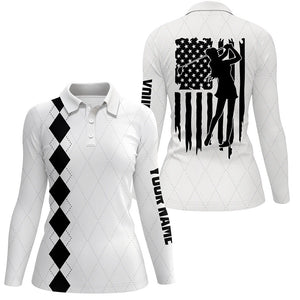 Womens golf polo shirt black and white American flag patriotic golf shirts custom womens golf gifts NQS7788