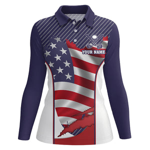 Personalized Red, white, and blue American flag Womens golf polo shirts, custom ladies golf tops NQS7793