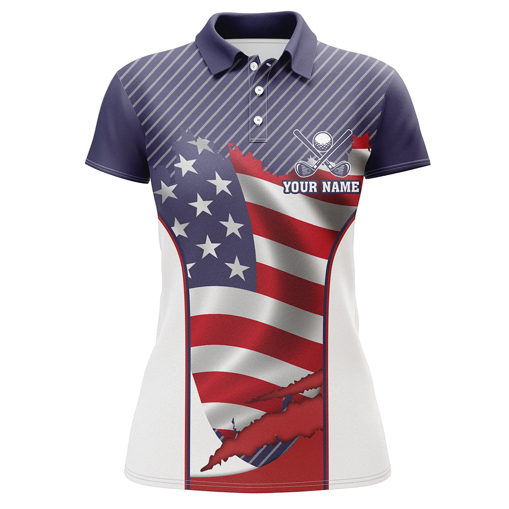 Personalized Red, white, and blue American flag Womens golf polo shirts, custom ladies golf tops NQS7793