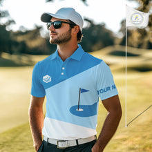Load image into Gallery viewer, Mens golf polo shirts custom blue and white golf apparel for men, golfing gifts NQS10409
