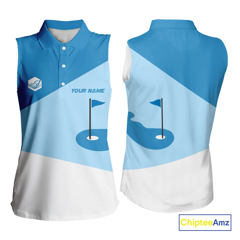 Women Sleeveless golf polo shirts custom blue and white golf apparel for ladies, golfing gifts NQS10409