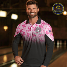 Load image into Gallery viewer, Pink ribbon pattern Men bowling shirt Custom American flag patriotic breast cancer bowling team shirt NQS10411