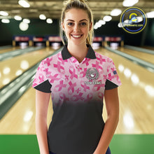 Load image into Gallery viewer, Pink ribbon pattern Women bowling shirt Custom American flag patriotic breast cancer bowling jersey NQS10411