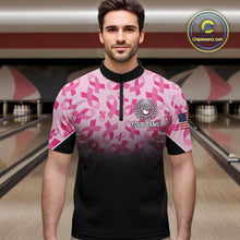 Load image into Gallery viewer, Pink ribbon pattern Men bowling shirt Custom American flag patriotic breast cancer bowling team shirt NQS10411