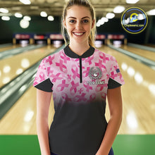 Load image into Gallery viewer, Pink ribbon pattern Women bowling shirt Custom American flag patriotic breast cancer bowling jersey NQS10411