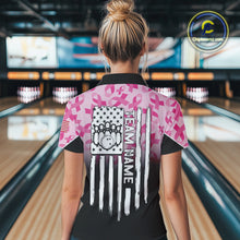 Load image into Gallery viewer, Pink ribbon pattern Women bowling shirt Custom American flag patriotic breast cancer bowling jersey NQS10411