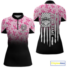 Load image into Gallery viewer, Pink ribbon pattern Women bowling shirt Custom American flag patriotic breast cancer bowling jersey NQS10411