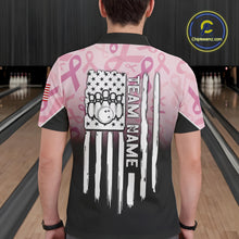 Load image into Gallery viewer, Mens bowling shirt Custom American flag patriotic Pink ribbon breast cancer bowling team jersey NQS10412