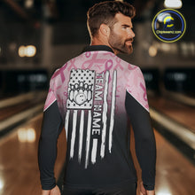 Load image into Gallery viewer, Mens bowling shirt Custom American flag patriotic Pink ribbon breast cancer bowling team jersey NQS10412