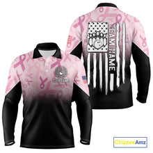 Load image into Gallery viewer, Mens bowling shirt Custom American flag patriotic Pink ribbon breast cancer bowling team jersey NQS10412