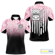 Load image into Gallery viewer, Mens bowling shirt Custom American flag patriotic Pink ribbon breast cancer bowling team jersey NQS10412