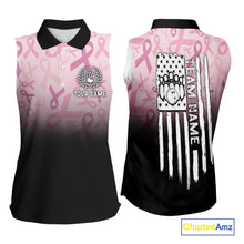 Load image into Gallery viewer, Sleeveless polo shirt Custom American flag patriotic Pink ribbon breast cancer bowling team jersey NQS10412