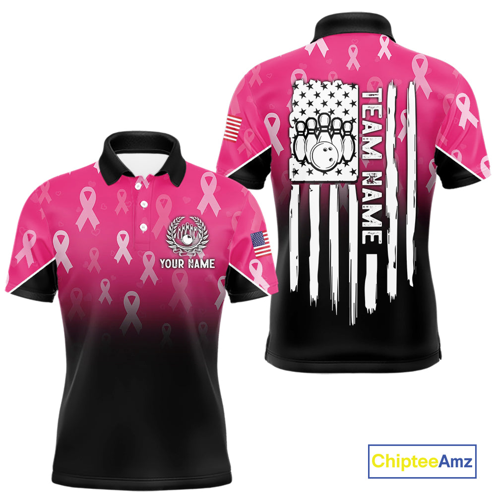 Custom American flag patriotic Pink ribbon breast cancer bowling shirt for men bowling team jersey NQS10413