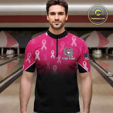 Load image into Gallery viewer, Custom American flag patriotic Pink ribbon breast cancer bowling shirt for men bowling team jersey NQS10413