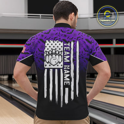 Purple Halloween pattern Custom American flag patriotic Bowling shirt for men, Bowling team jersey NQS10415