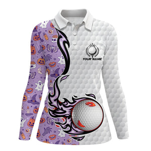 Funny purple Halloween pattern flame golf ball Womens golf polo shirts custom Halloween golf shirts NQS8444