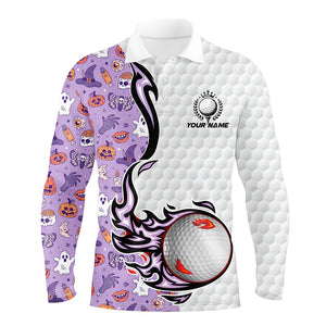 Funny purple Halloween pattern flame golf ball Men golf polo shirts custom Halloween golf shirts NQS8444