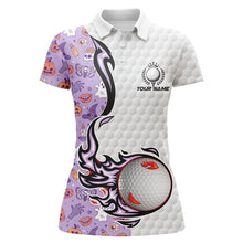 Load image into Gallery viewer, Funny purple Halloween pattern flame golf ball Womens golf polo shirts custom Halloween golf shirts NQS8444