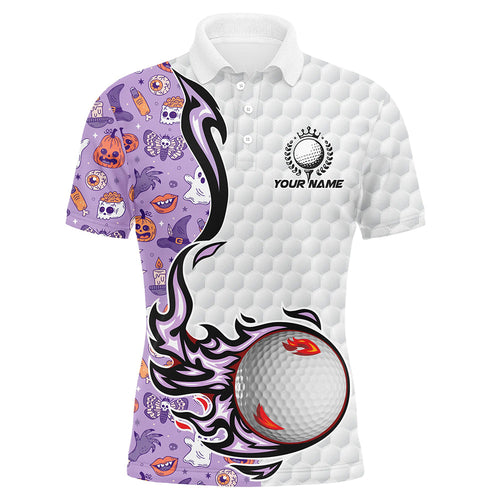 Funny purple Halloween pattern flame golf ball Men golf polo shirts custom Halloween golf shirts NQS8444