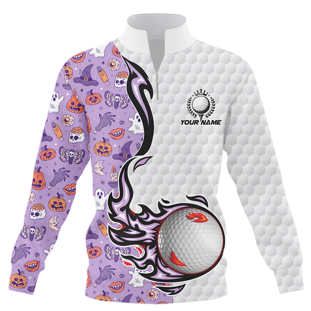 Purple Halloween pattern flame golf ball Quarter zip golf sweatshirt custom Halloween golf sweater NQS8444