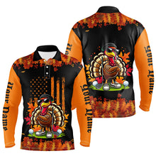 Load image into Gallery viewer, Black and Orange Autumn American Flag Thanksgiving Turkey custom Men golf polo shirts unique golf gift NQS8674