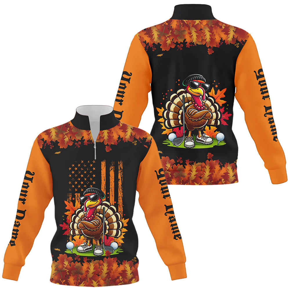 Black Orange Autumn American Flag Thanksgiving Turkey Quarter zip golf sweater custom golf gifts NQS8674