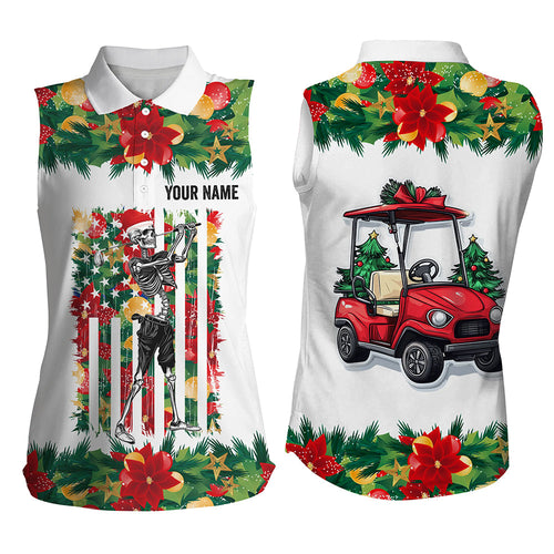 Christmas Skull golf cart American Flag custom Women sleeveless polo shirt, unique Christmas golf gift NQS8675