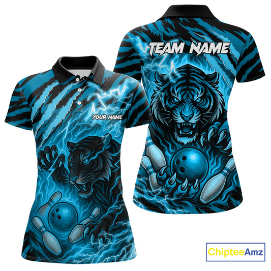 Personalized Tiger Bowling Shirts For Women, Blue Flame Lightning Thunder Tiger Team Bowling Jerseys NQS11232