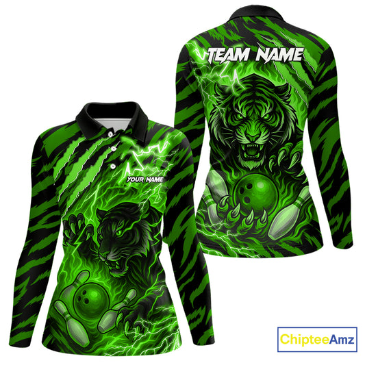 Personalized Tiger Bowling Shirts For Women, Green Flame Lightning Thunder Tiger Team Bowling Jerseys NQS11233
