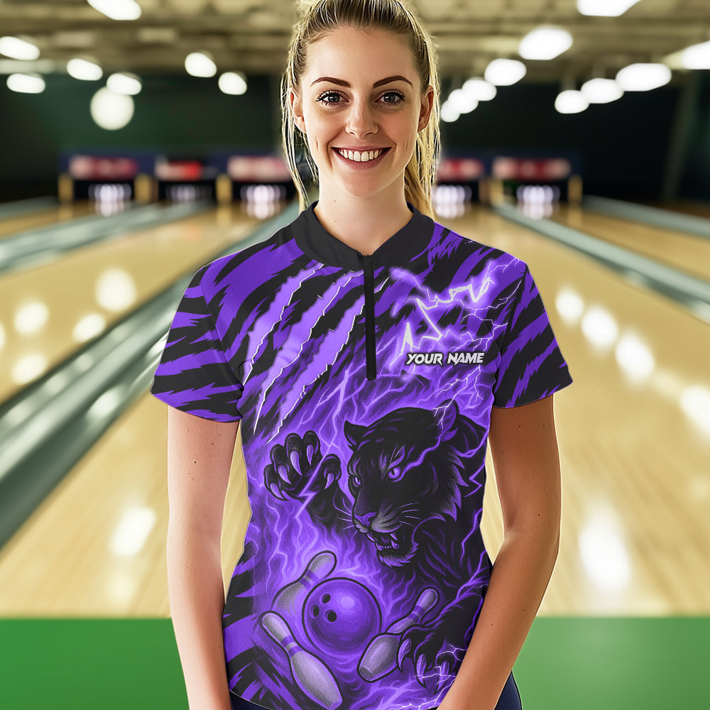 Personalized Tiger Bowling Shirts For Women, Purple Flame Lightning Thunder Tiger Team Bowling Jersey NQS11234