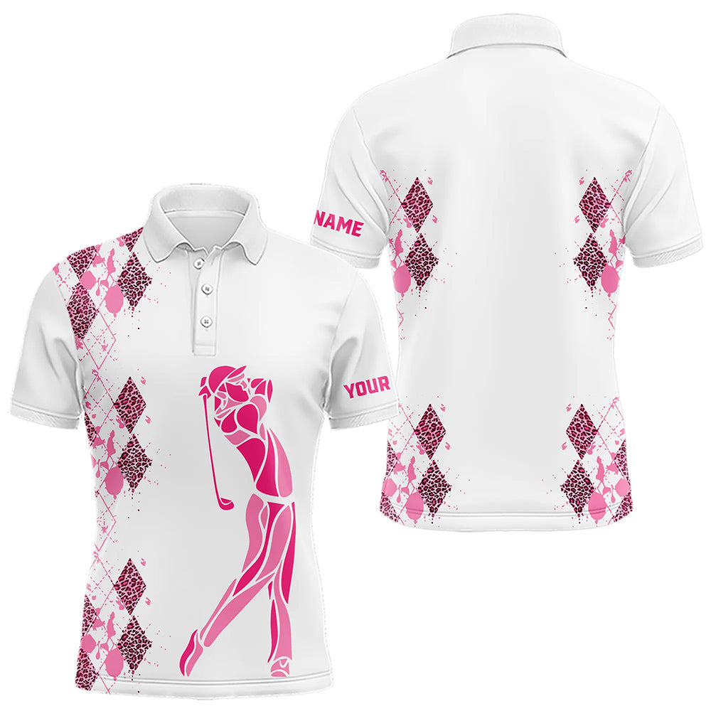 Pink Leopard argyle pattern white Men golf polo shirts custom golf wear for men, unique golf gifts NQS9349