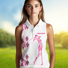 Load image into Gallery viewer, Pink Leopard argyle pattern white Women sleeveless golf polo shirt custom golf tank top for women NQS9349