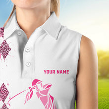 Load image into Gallery viewer, Pink Leopard argyle pattern white Women sleeveless golf polo shirt custom golf tank top for women NQS9349