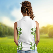 Load image into Gallery viewer, Green Leopard argyle pattern white Women sleeveless golf polo shirt custom golf tank top for women NQS9350