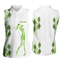 Load image into Gallery viewer, Green Leopard argyle pattern white Women sleeveless golf polo shirt custom golf tank top for women NQS9350