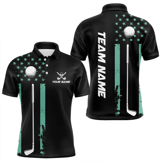 Black & Turquoise American Flag Mens golf polo shirts custom patriotic golf attire for men NQS9355