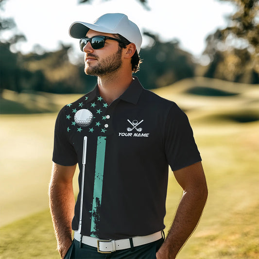 Black & Turquoise American Flag Mens golf polo shirts custom patriotic golf attire for men NQS9355