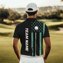 Load image into Gallery viewer, Black &amp; Turquoise American Flag Mens golf polo shirts custom patriotic golf attire for men NQS9355