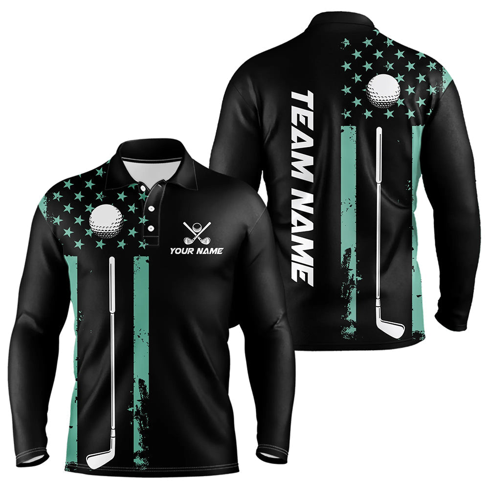 Black & Turquoise American Flag Mens golf polo shirts custom patriotic golf attire for men NQS9355