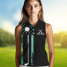 Load image into Gallery viewer, Black &amp; Turquoise American Flag Women sleeveless polos custom patriotic golf attire for ladies NQS9355