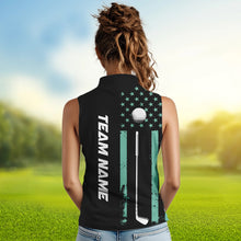 Load image into Gallery viewer, Black &amp; Turquoise American Flag Women sleeveless polos custom patriotic golf attire for ladies NQS9355
