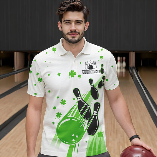 Green and White Shamrock Lucky Bowling Shirts For Men Custom St Patrick Day Team Bowling Jerseys NQS9499