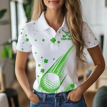 Load image into Gallery viewer, Green and White shamrock Lucky Womens golf polo shirts Custom St Patrick Day golf attire for ladies NQS9500