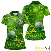 Load image into Gallery viewer, Happy St Patrick's Day Green and Gold Shamrock Womens Golf Polo Shirts Custom Golf Clothes for Ladies NQS11629